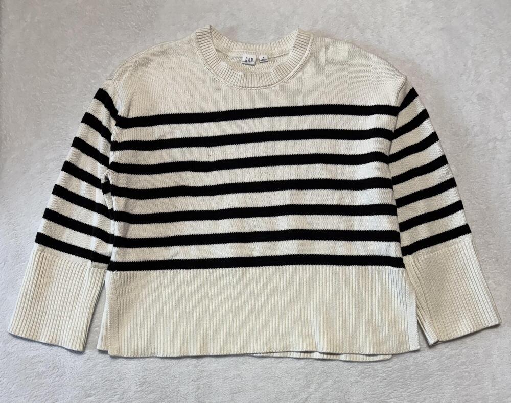 Gap Sweater Womens Medium Off-White Black Striped Cotton Knit Pullover